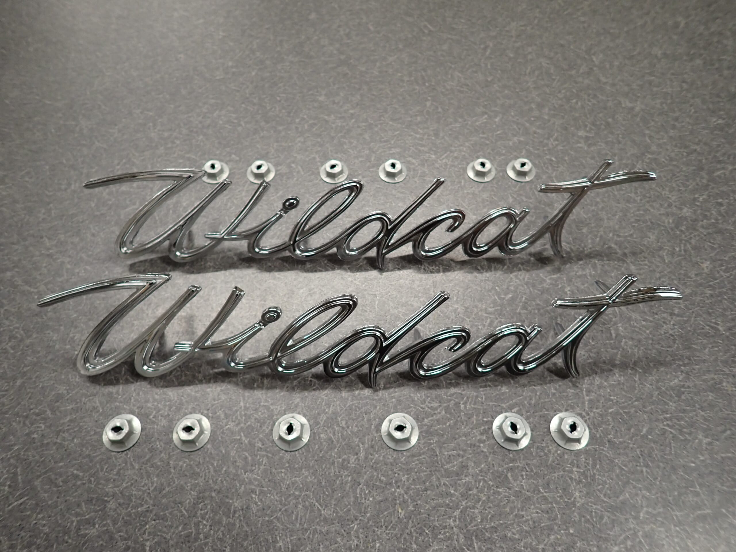 1963 Buick Wildcat Rear Quarter Scripts Emblems 63 "Wildcat" Side Monograms Pair